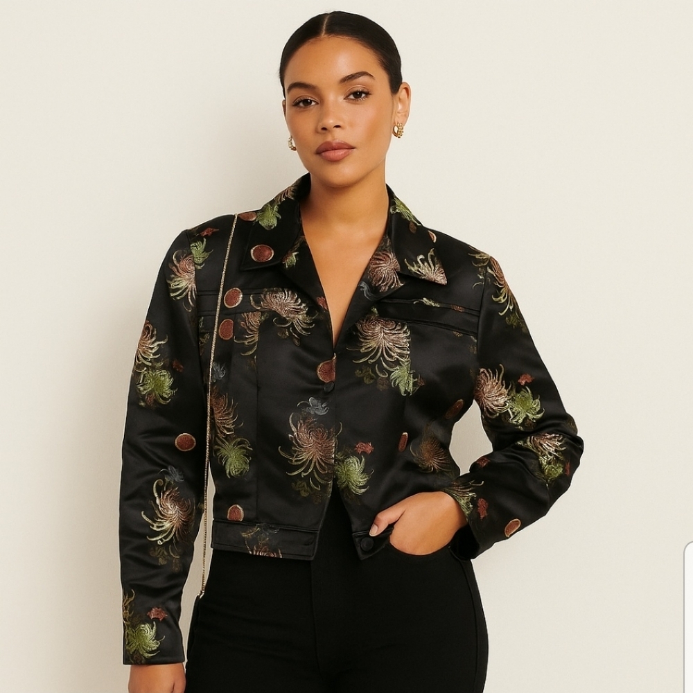 Night Lights Black Satin Embroidered Floral Asian-Inspired Jacket Wmn's Size 6